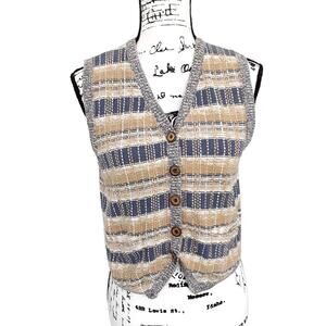 Vintage 80s Striped Knit Sweater Vest Button Down Blue Tan Hunt Club Petite S/M
